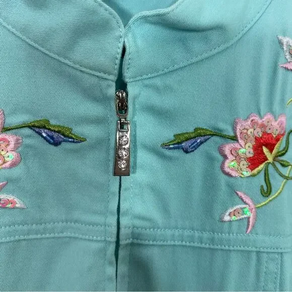 Quacker Factory Embroidered Mandarin Collar Stretch Jacket Turquoise Aqua Size M - Picture 6 of 14
